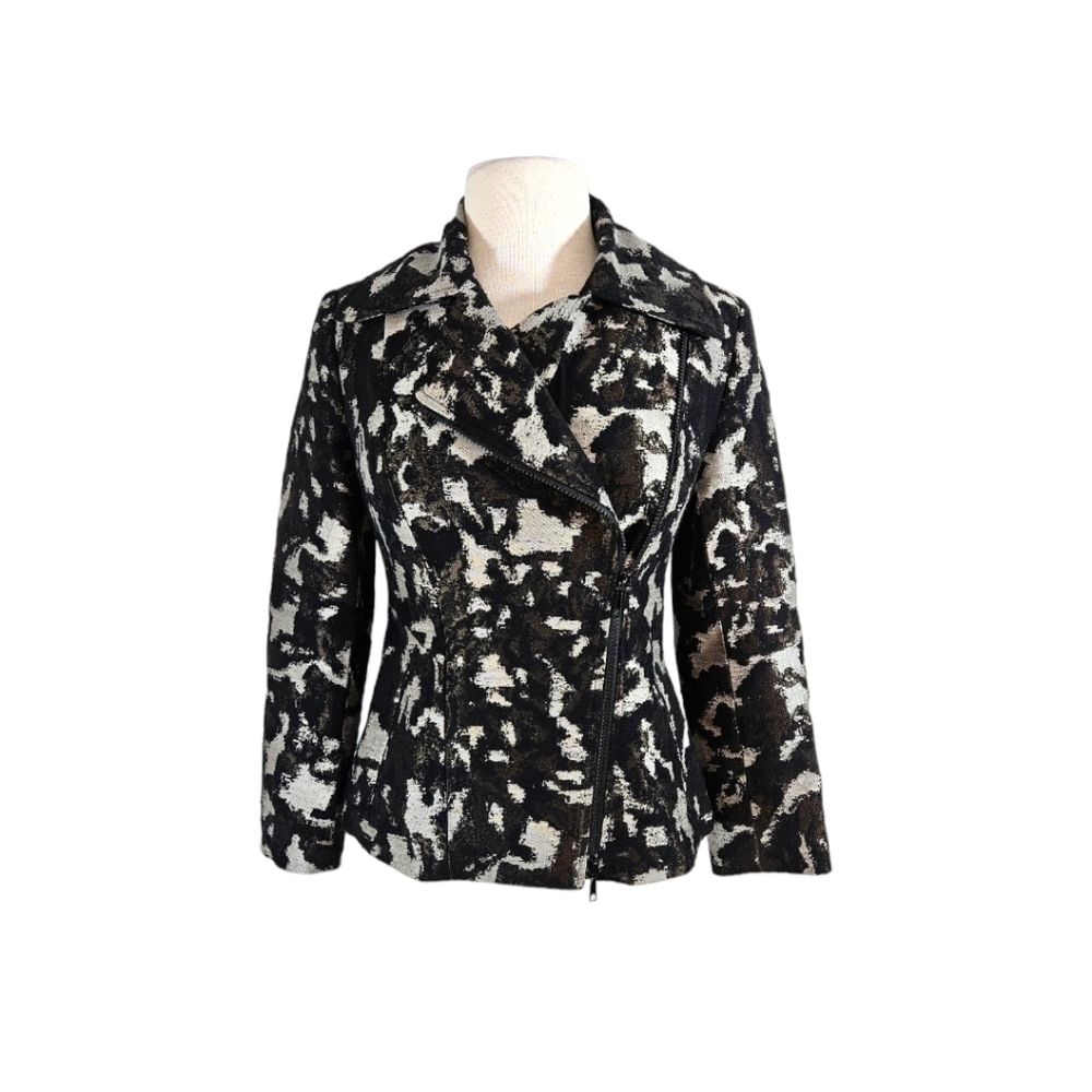Lafayette 148 Black & Grey Abstract Animal Print Asymmetric Zipper Wool Blazer